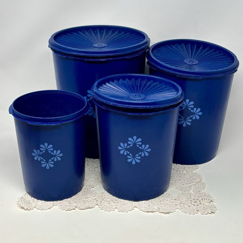 Vintage Tupperware Deep Blue Canister Set with Lids Servalier Storage Containers